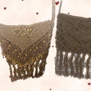 Rampage Brown/Beige Criss-Cross Macrame w/ Beaded Accents & Fringe Crossbody